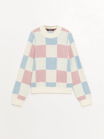 Crew Neck Checked Long Sleeve Girl's Knitwear Sweater