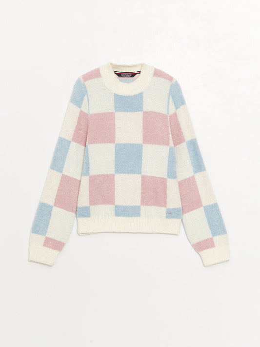 Crew Neck Checked Long Sleeve Girl's Knitwear Sweater