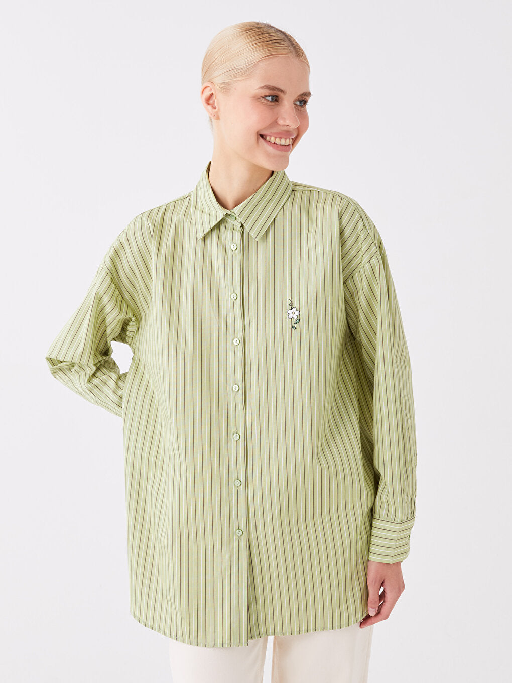 Striped Long Sleeve Oversize Poplin Women's Shirt Tunic