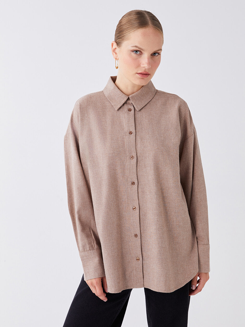 Plain Long Sleeve Poplin Women's Shirt Tunic