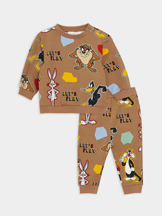 Crew Neck Looney Tunes Printed Baby Boy Sweatshirt and Sweatpants 2-Piece Set