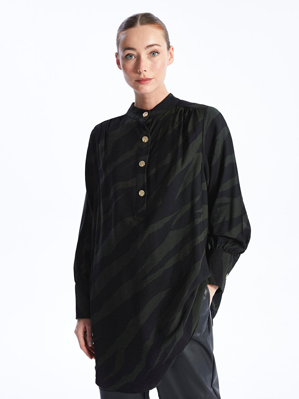 Judge Collar Patterned Long Sleeve Oversize Women's Tunic