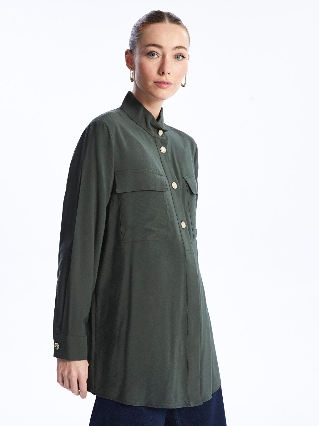 Magnificent Collar Plain Long Sleeve Women's Tunic