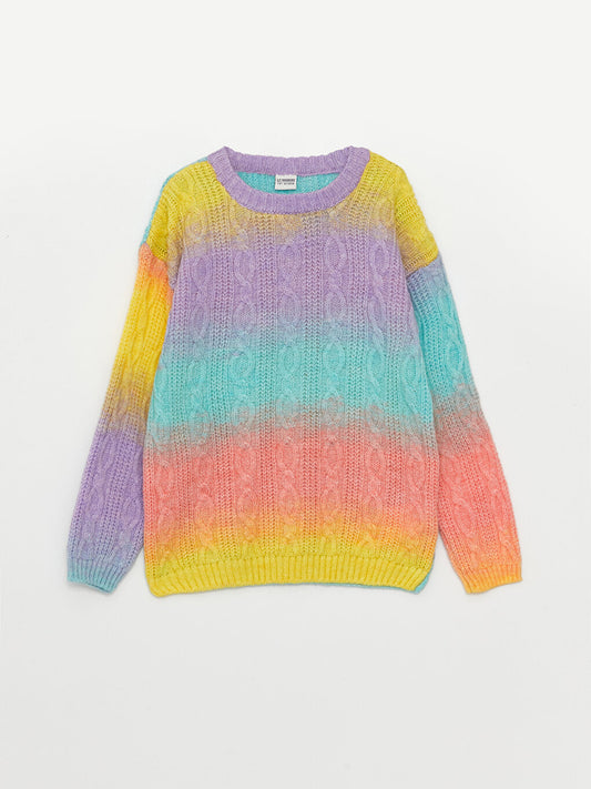 Crew Neck Color Blocked Long Sleeve Girl's Knitwear Sweater