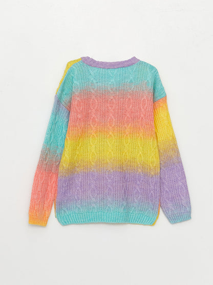 Crew Neck Color Blocked Long Sleeve Girl's Knitwear Sweater