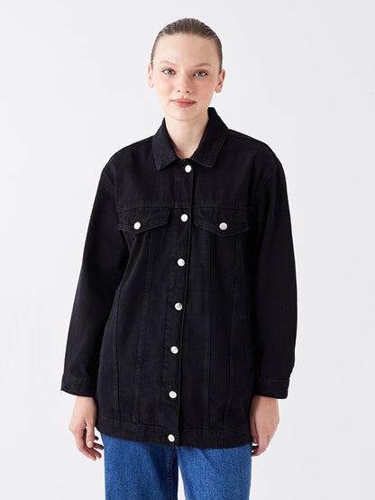 Shirt Collar Plain Long Sleeve Oversize Women's Jean Jacket