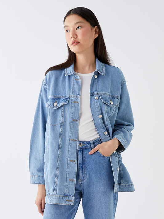 Shirt Collar Plain Long Sleeve Oversize Women's Jean Jacket