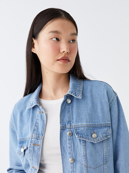 Shirt Collar Plain Long Sleeve Oversize Women's Jean Jacket