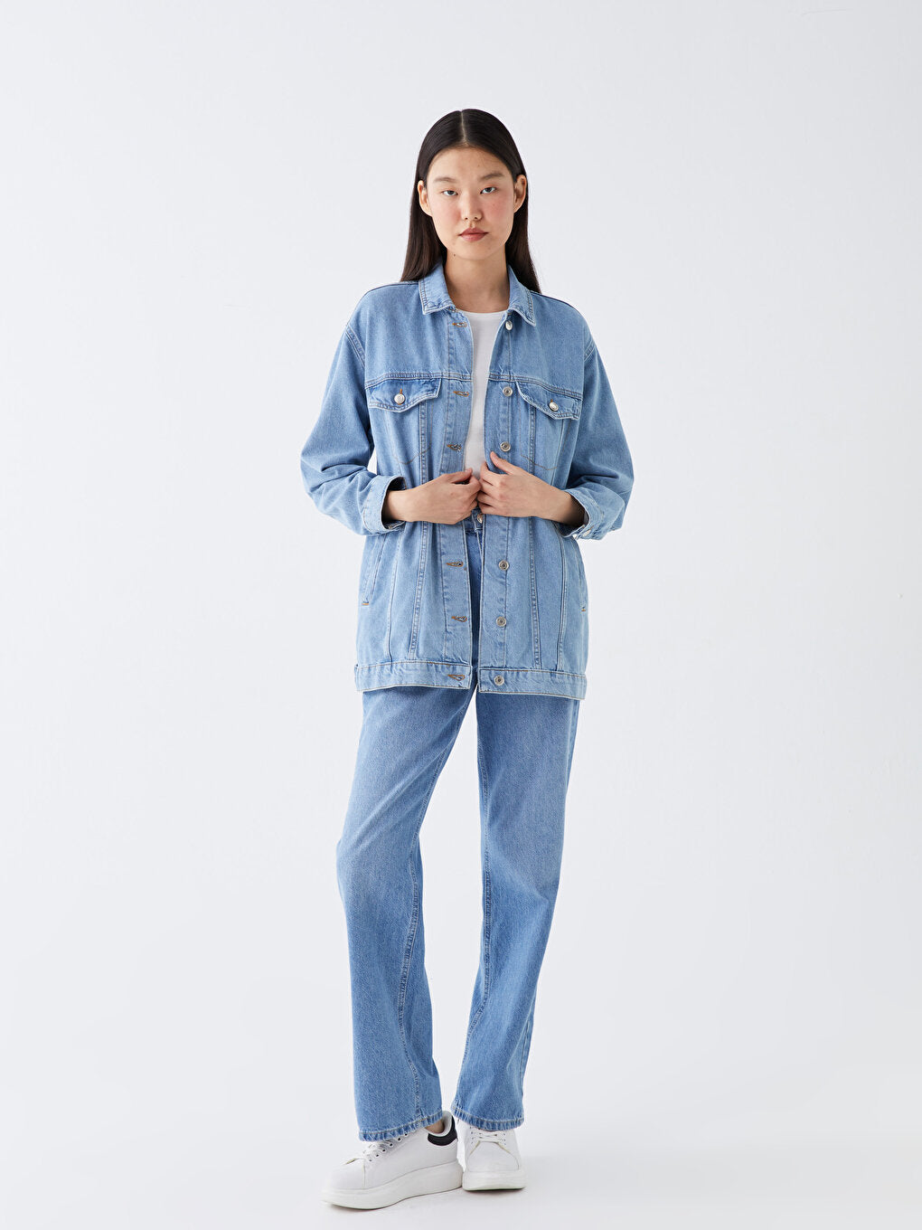 Shirt Collar Plain Long Sleeve Oversize Women's Jean Jacket