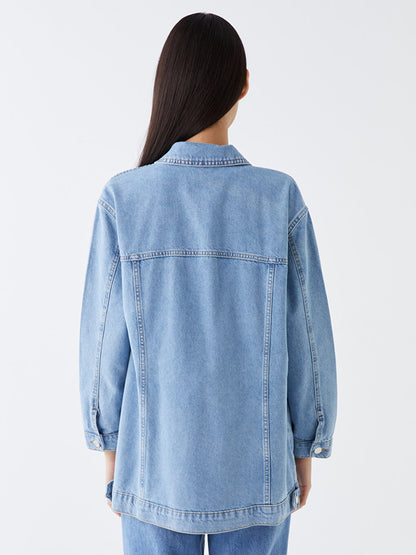 Shirt Collar Plain Long Sleeve Oversize Women's Jean Jacket