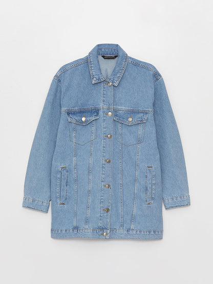 Shirt Collar Plain Long Sleeve Oversize Women's Jean Jacket