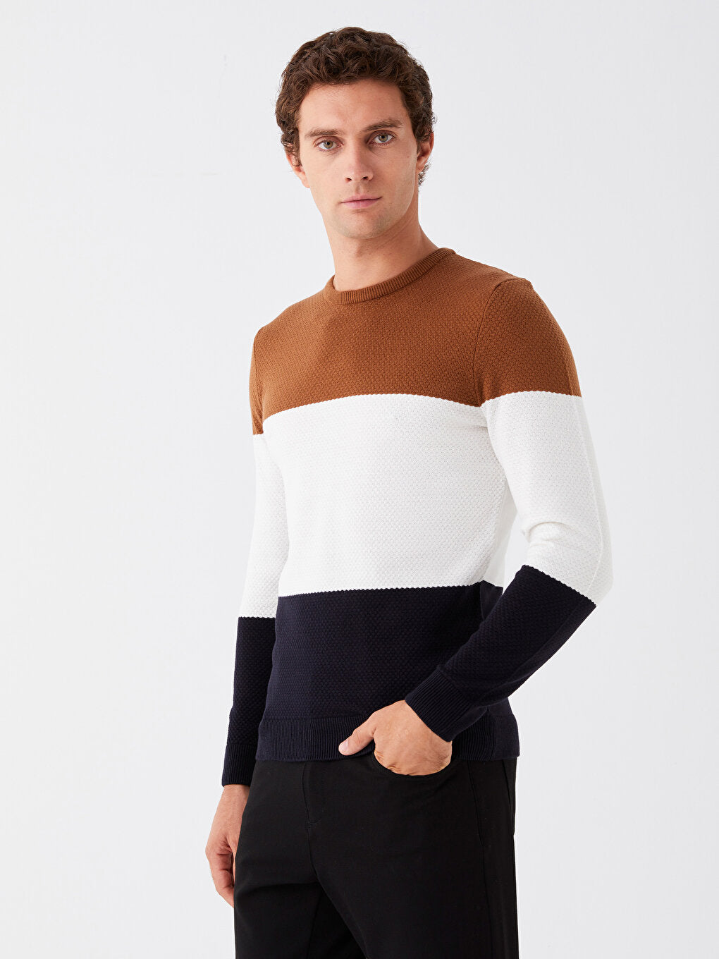 Crew Neck Long Sleeve Color Block Men's Knitwear Sweater