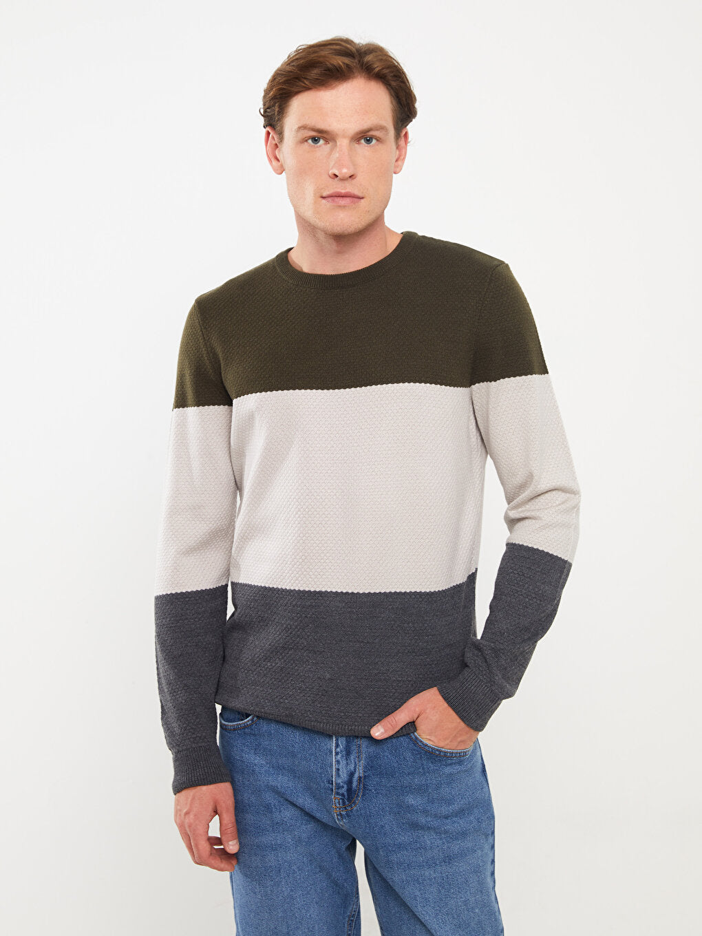 Crew Neck Long Sleeve Color Block Men's Knitwear Sweater