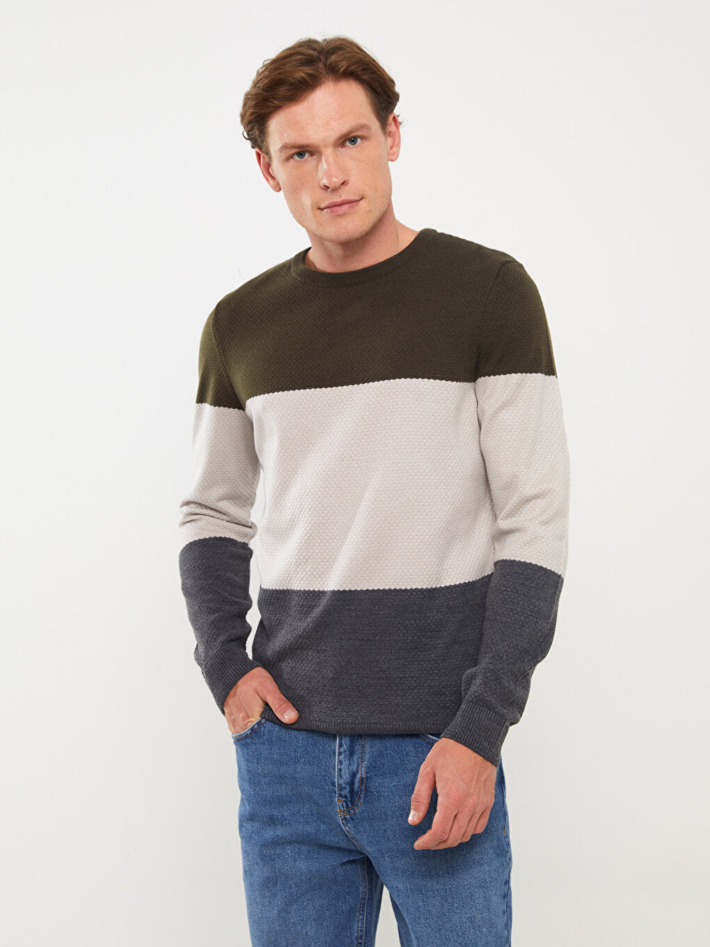 Crew Neck Long Sleeve Color Block Men's Knitwear Sweater