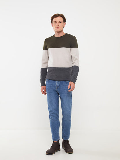 Crew Neck Long Sleeve Color Block Men's Knitwear Sweater