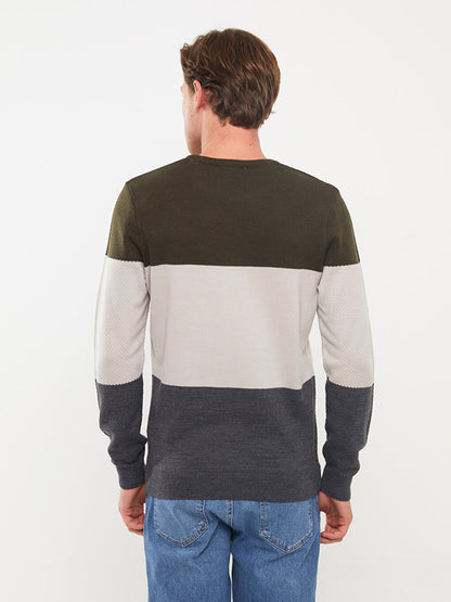 Crew Neck Long Sleeve Color Block Men's Knitwear Sweater