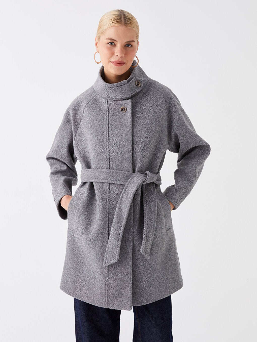 Women's High Collar Plain Cuff Coat