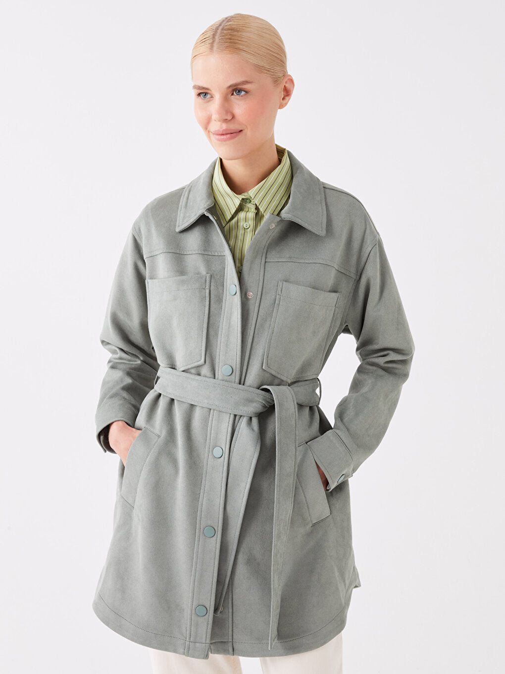 Shirt Collar Plain Long Sleeve Suede Women's Coat