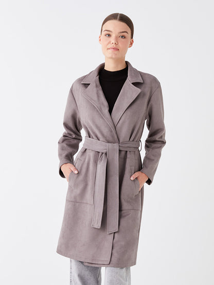 Jacket Collar Plain Long Sleeve Suede Women's Trench Coat