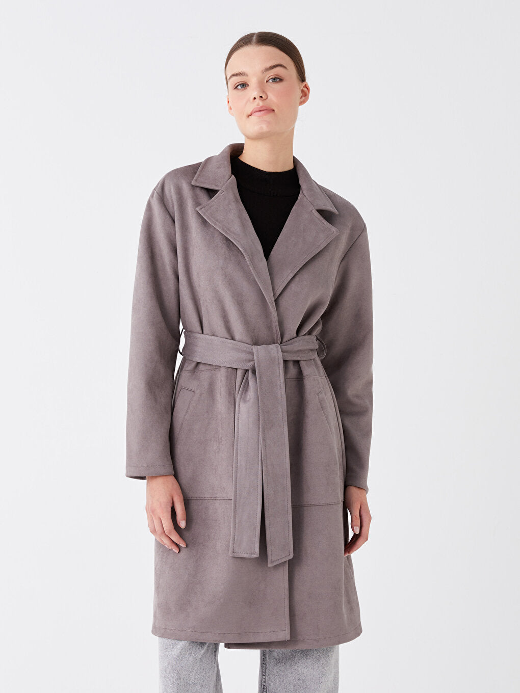 Jacket Collar Plain Long Sleeve Suede Women's Trench Coat