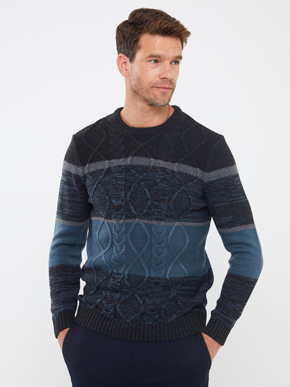 Crew Neck Long Sleeve Color Block Men's Knitwear Sweater