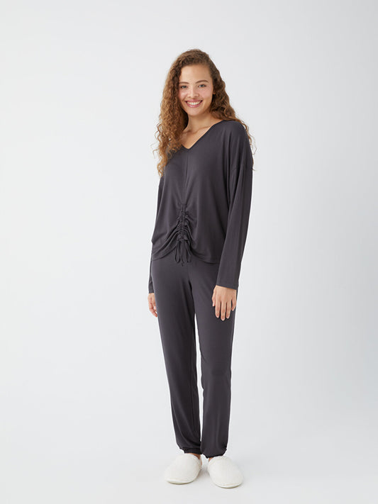 V-Neck Plain Long Sleeve Women's Pajama Set