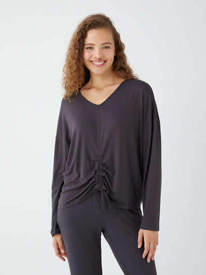 V-Neck Plain Long Sleeve Women's Pajama Set