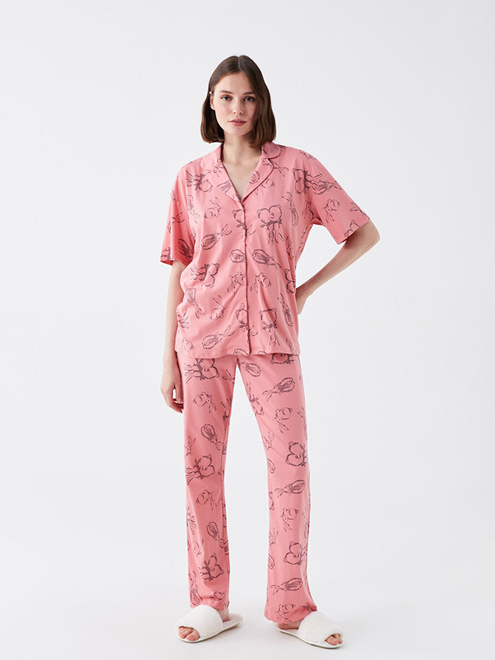 Shirt Collar Patterned Short Sleeve Women's Pajama Set