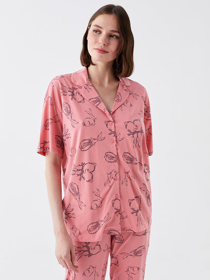 Shirt Collar Patterned Short Sleeve Women's Pajama Set