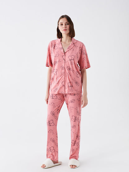 Shirt Collar Patterned Short Sleeve Women's Pajama Set