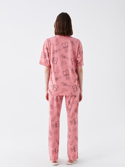 Shirt Collar Patterned Short Sleeve Women's Pajama Set