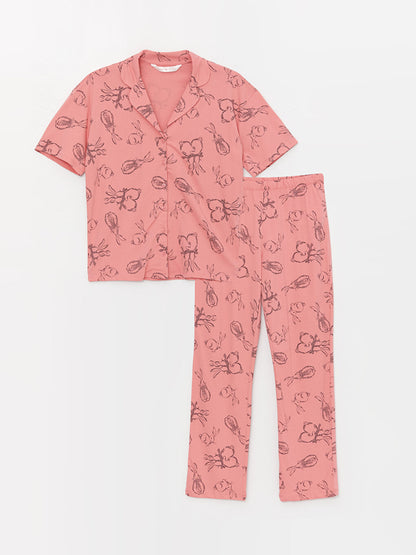 Shirt Collar Patterned Short Sleeve Women's Pajama Set