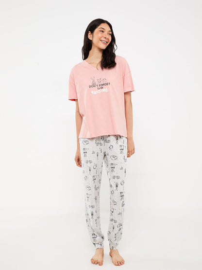 V-Neck Printed Short Sleeve Women's Pajama Set