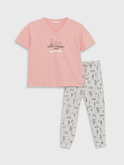 V-Neck Printed Short Sleeve Women's Pajama Set