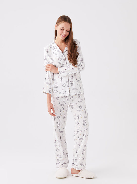 Shirt Collar Patterned Long Sleeve Women's Pajama Set