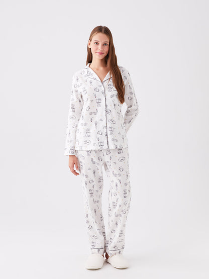 Shirt Collar Patterned Long Sleeve Women's Pajama Set