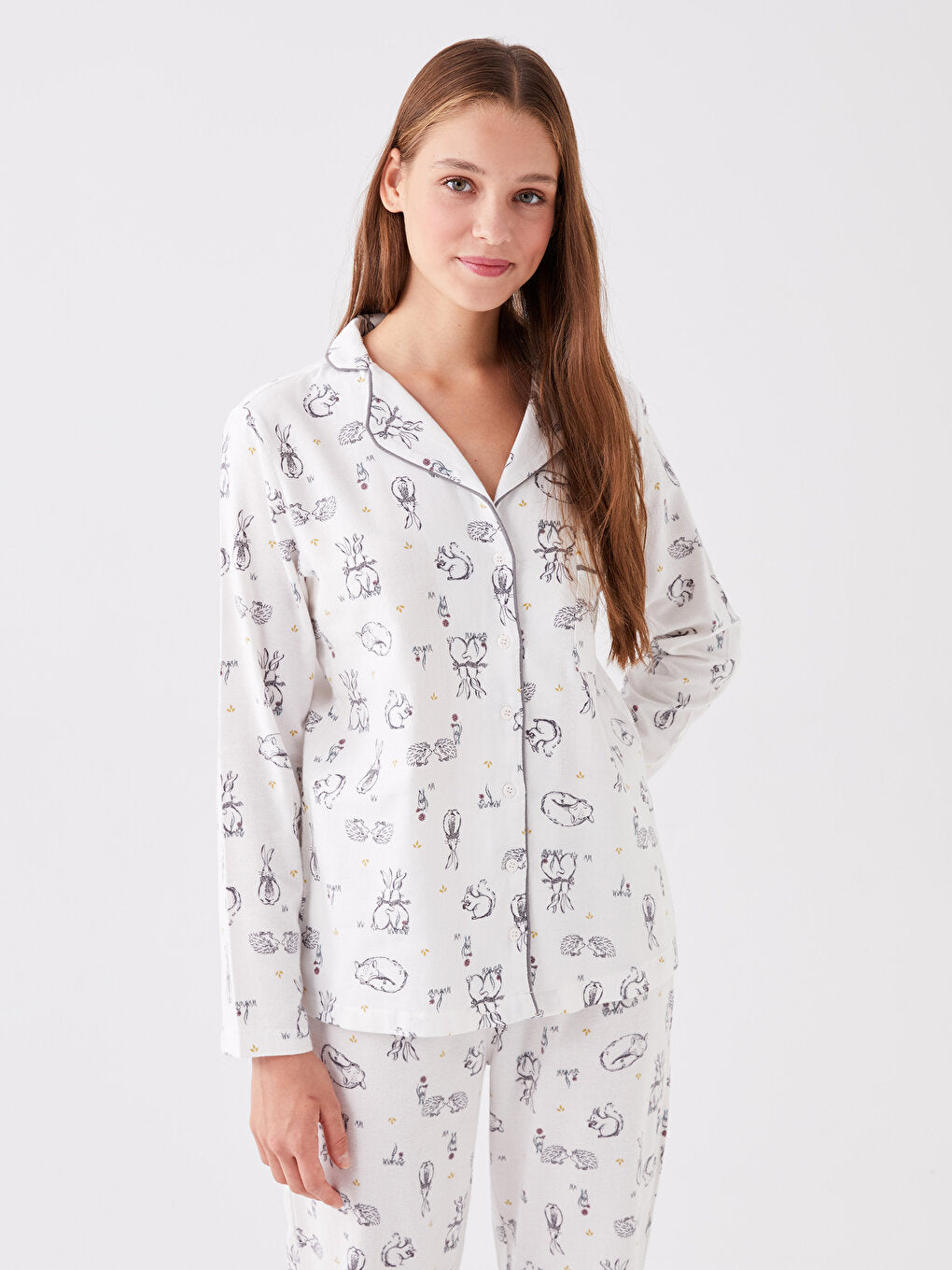 Shirt Collar Patterned Long Sleeve Women's Pajama Set