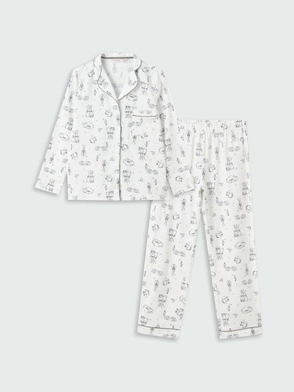 Shirt Collar Patterned Long Sleeve Women's Pajama Set