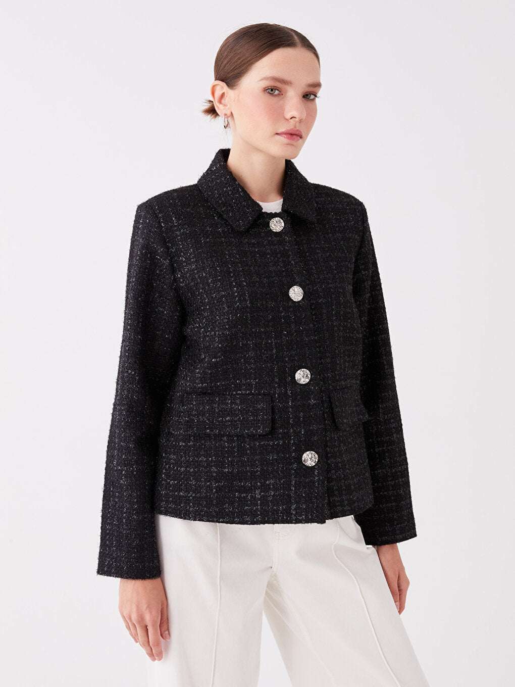 Shirt Collar Patterned Long Sleeve Women's Tweed Jacket