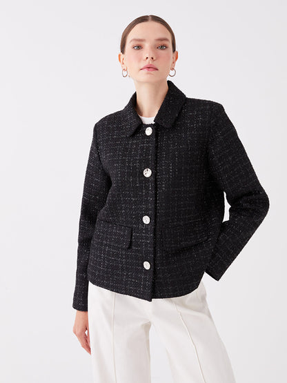 Shirt Collar Patterned Long Sleeve Women's Tweed Jacket