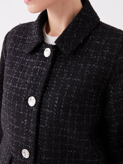 Shirt Collar Patterned Long Sleeve Women's Tweed Jacket