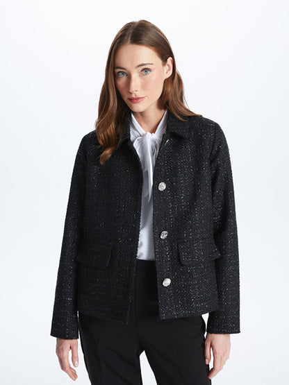 Shirt Collar Patterned Long Sleeve Women's Tweed Jacket