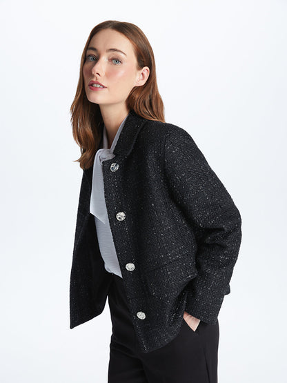 Shirt Collar Patterned Long Sleeve Women's Tweed Jacket