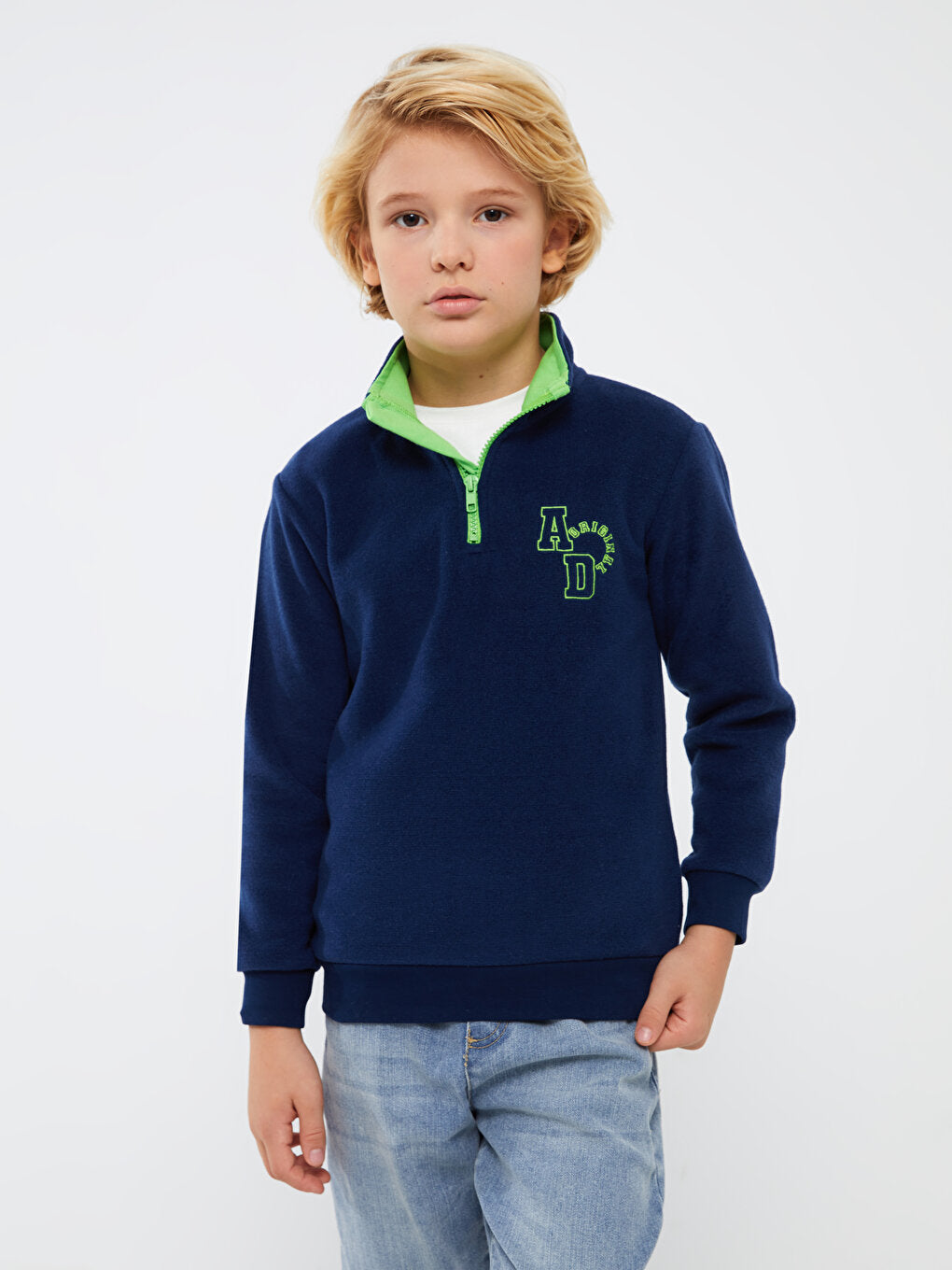 High Collar Embroidered Long Sleeve Fleece Boy's Sweatshirt