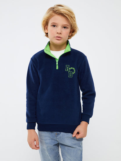 High Collar Embroidered Long Sleeve Fleece Boy's Sweatshirt