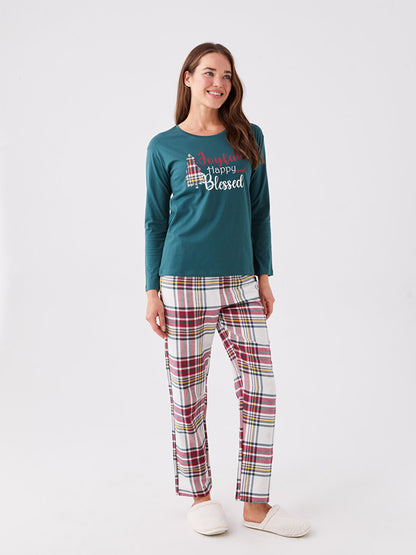 Crew Neck New Year Themed Long Sleeve Women's Pajama Set