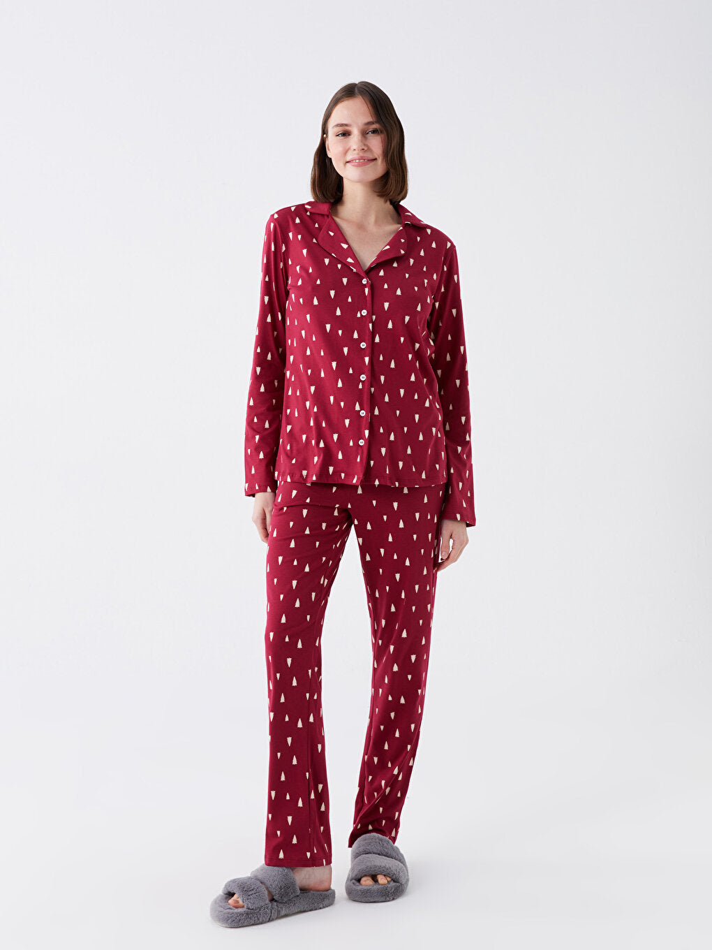 Shirt Collar Patterned Long Sleeve Women's Pajama Set