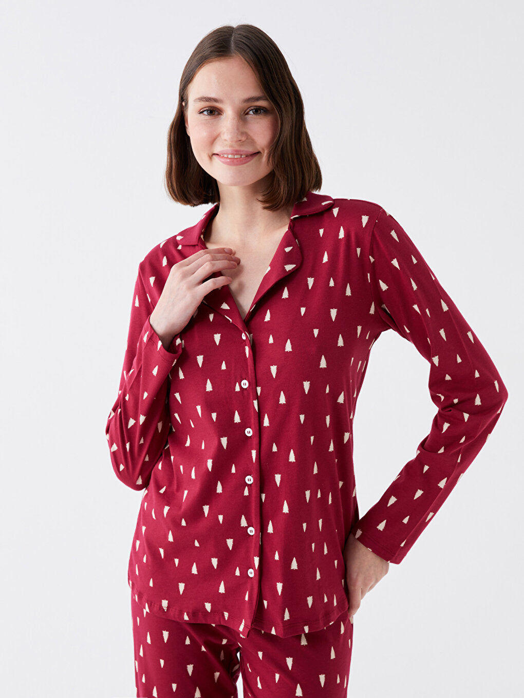 Shirt Collar Patterned Long Sleeve Women's Pajama Set