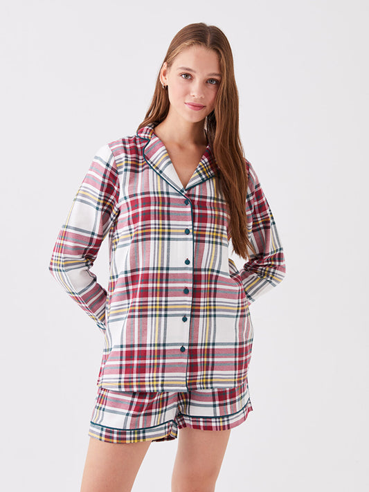 Shirt Collar Plaid Long Sleeve Women's Pajama Set with Shorts