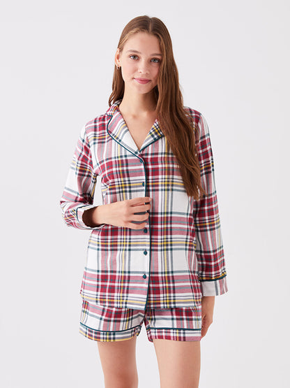 Shirt Collar Plaid Long Sleeve Women's Pajama Set with Shorts